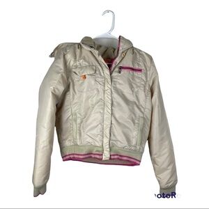 Roxy Junior  Large White Pink Flower Embroidered Jacket Removable Hood